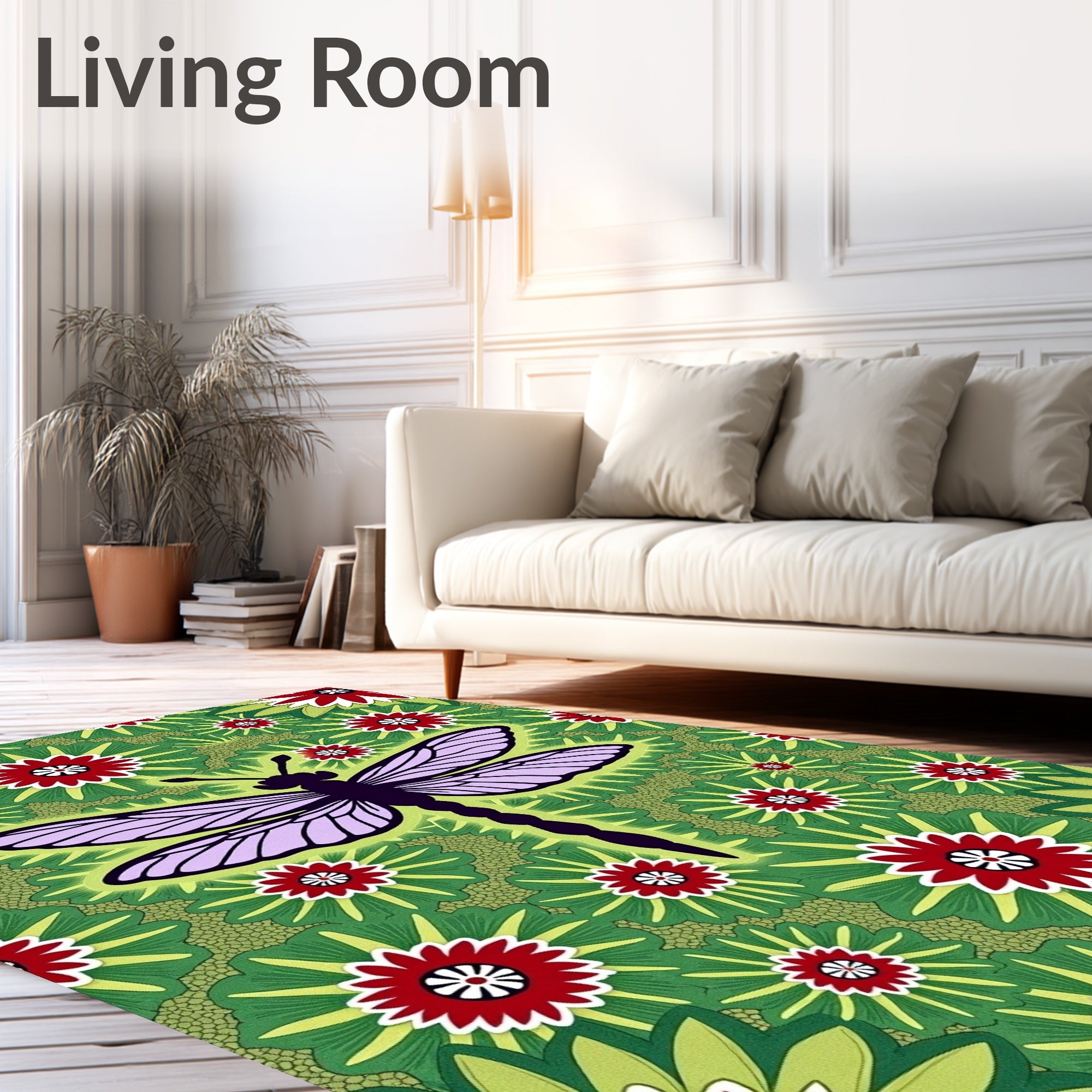 Bold Crimson Dragonfly Floral Burst Rug