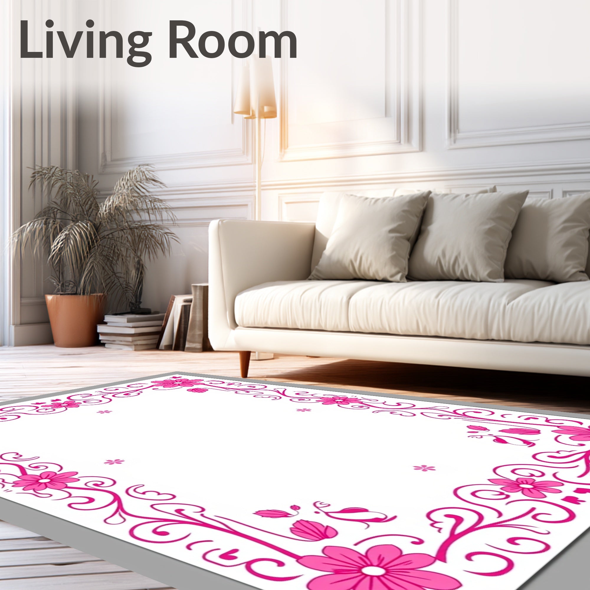 Bright Pink Floral Scroll Border Rug