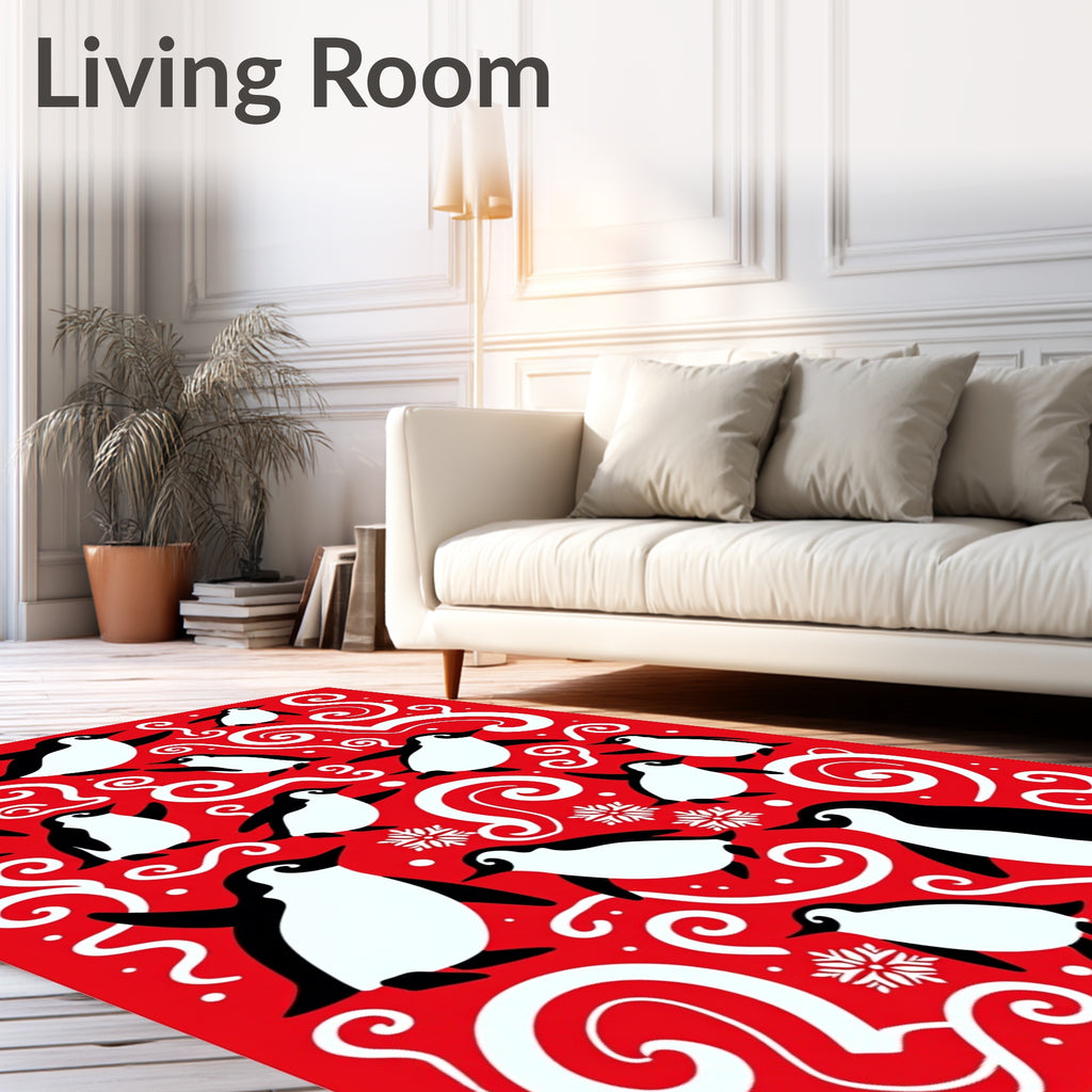 Playful Red Penguin Swirl Holiday Rug