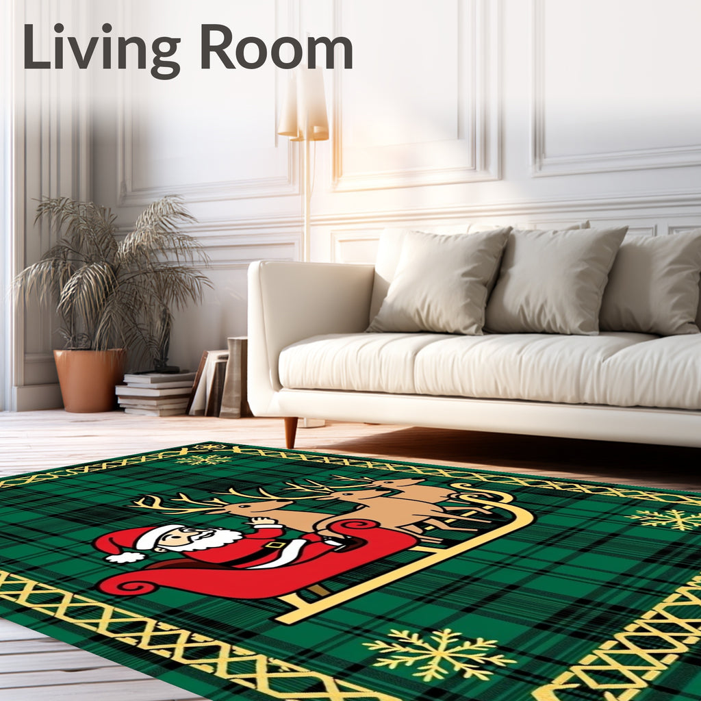Green Plaid Santa Sleigh Reindeer Snowflakes Rug