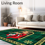Green Plaid Santa Sleigh Reindeer Snowflakes Rug