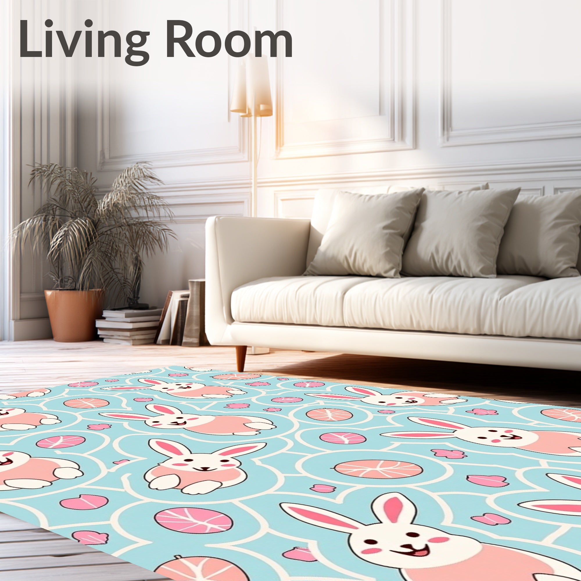 Cute Pink Bunny Blue Easter Eggs Rug