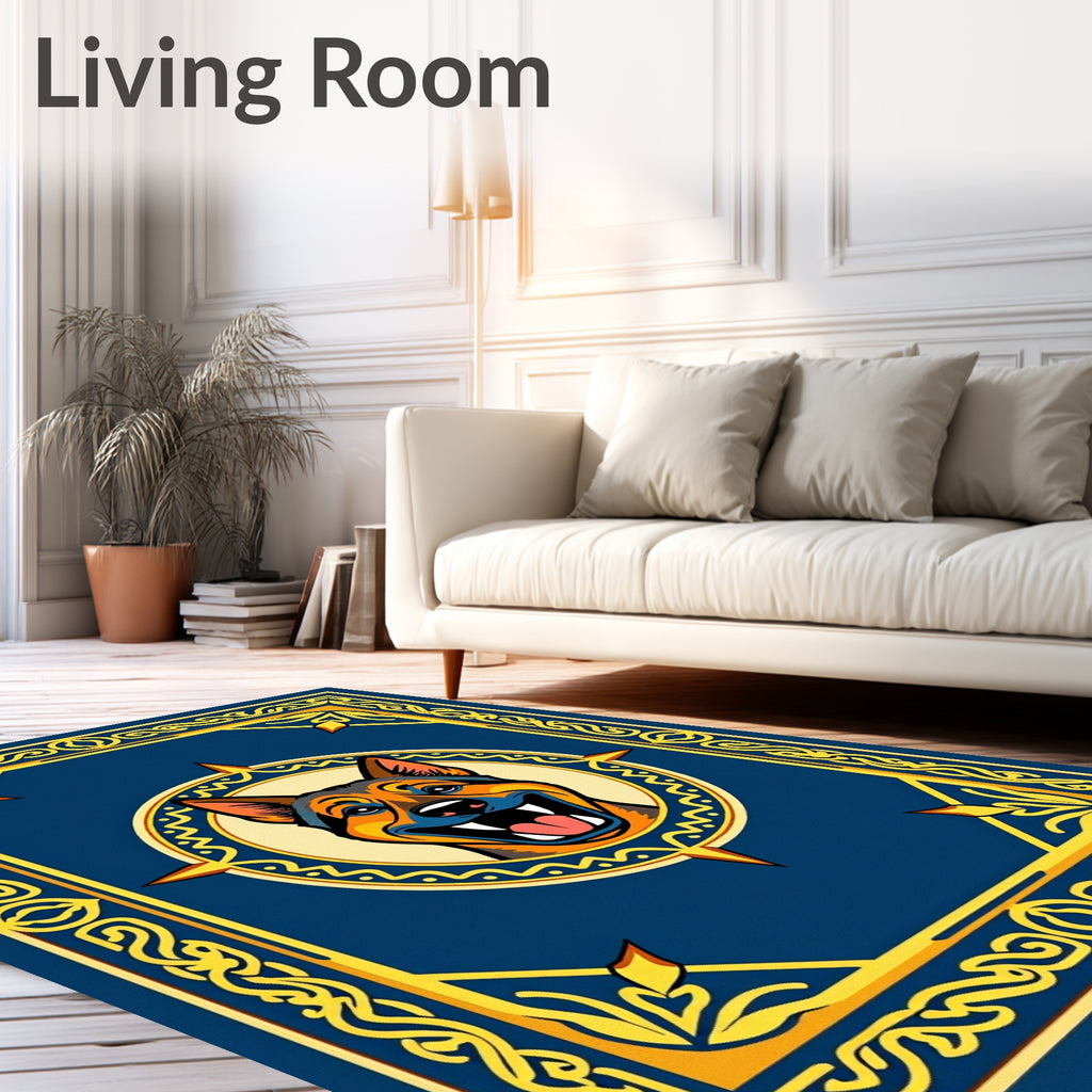 Bold Dog Face Blue Yellow Border Rug