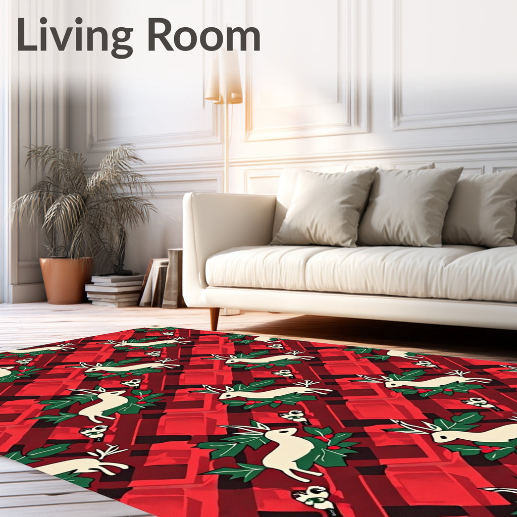 Red Festive Plaid Reindeer Holly Rug