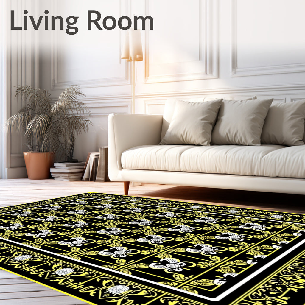 Black Yellow Floral Motif Rug