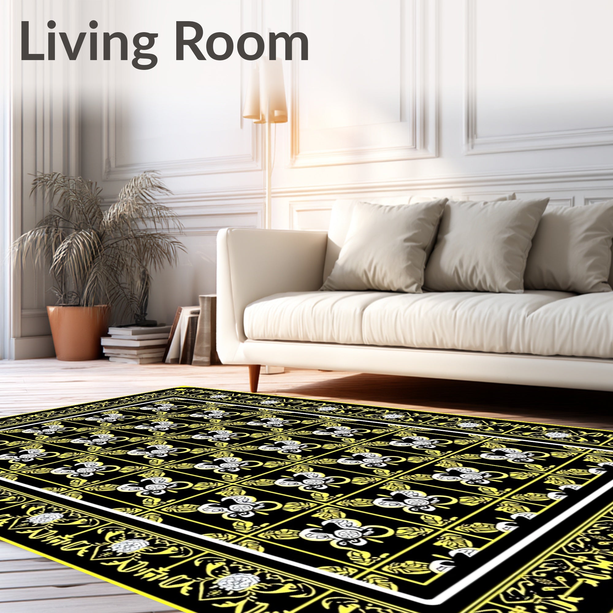 Black Yellow Floral Motif Rug