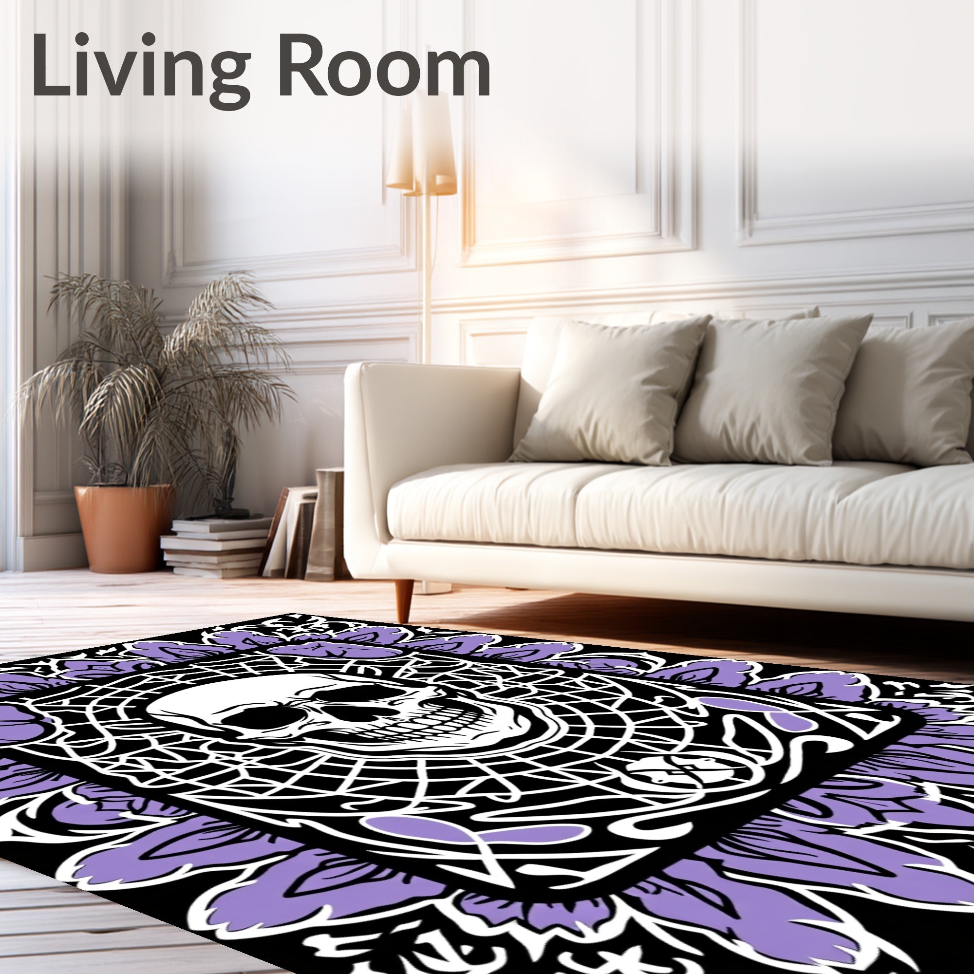 Black White Purple Skull Floral Frame Rug