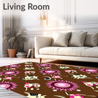 Brown Whimsical Pink Cat Flower Rug