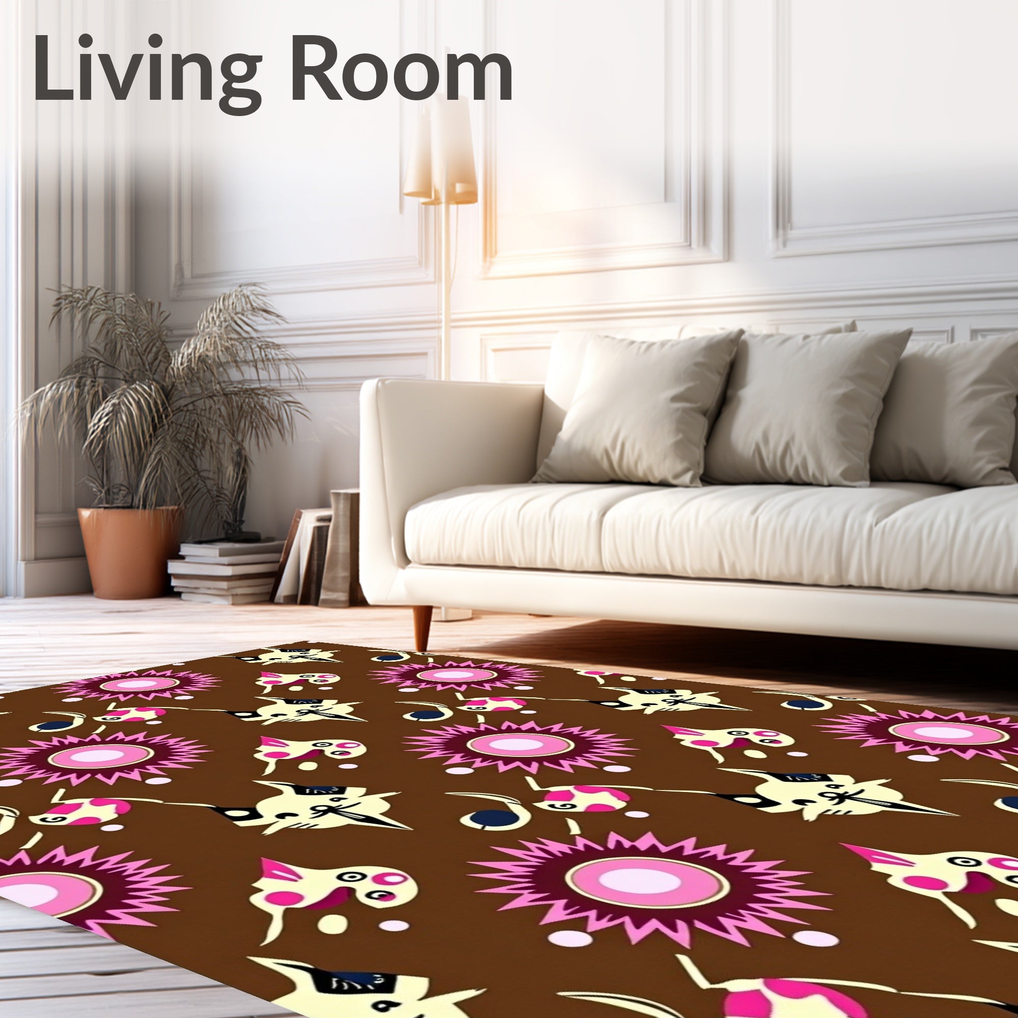 Brown Whimsical Pink Cat Flower Rug