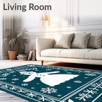 Teal White Snowman Snowflake Border Rug