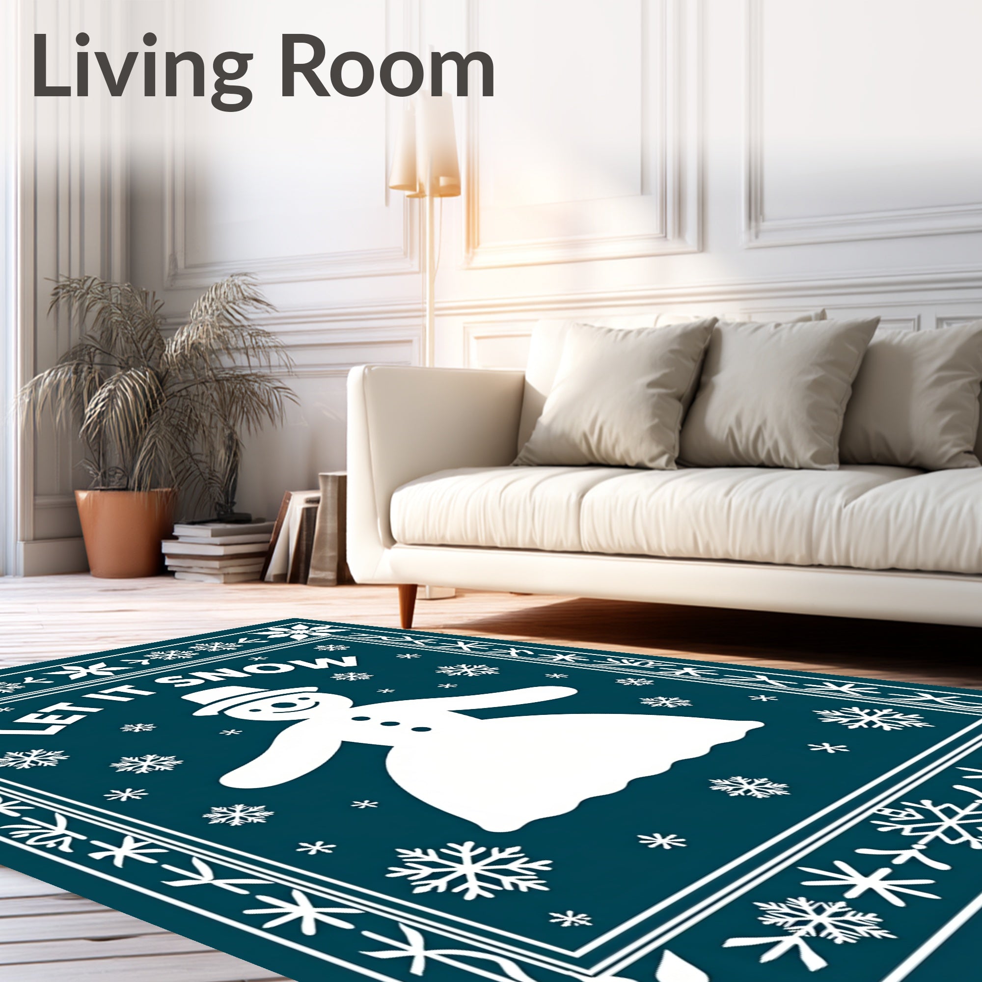 Teal White Snowman Snowflake Border Rug