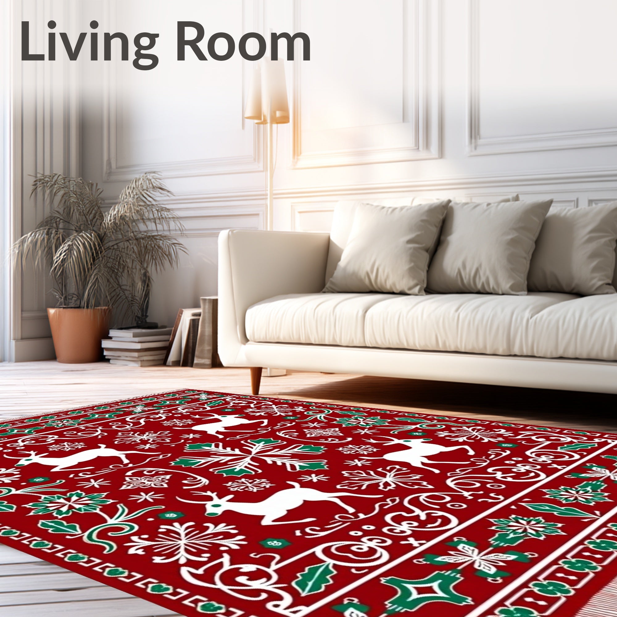 Red Festive Reindeer Snowflakes Border Rug