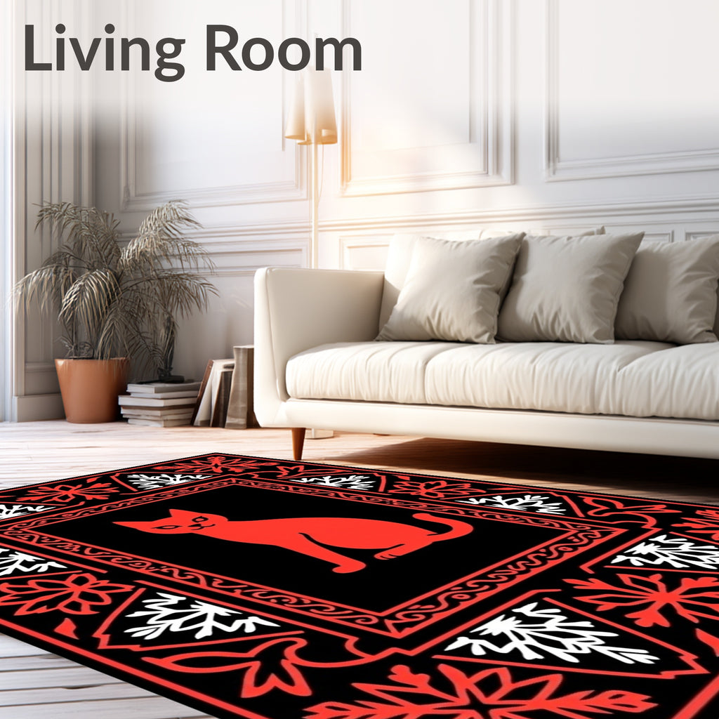 Bold Red Sitting Cat Medieval Frame Rug