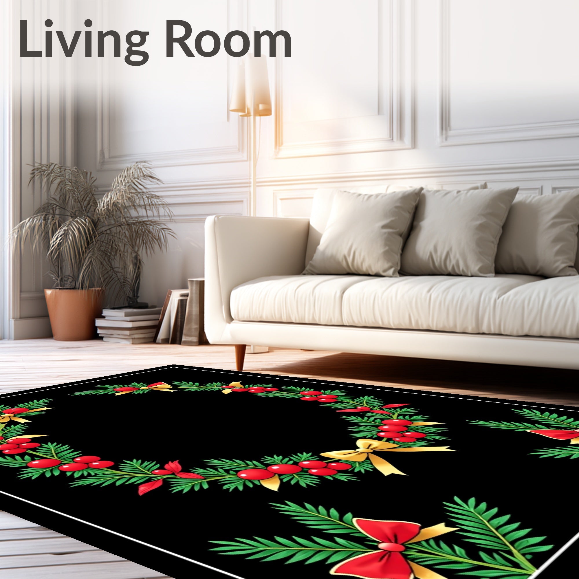 Christmas wreath green red gold bows Rug