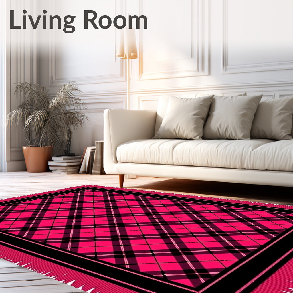 Vibrant Pink Black Plaid Fringe Rug