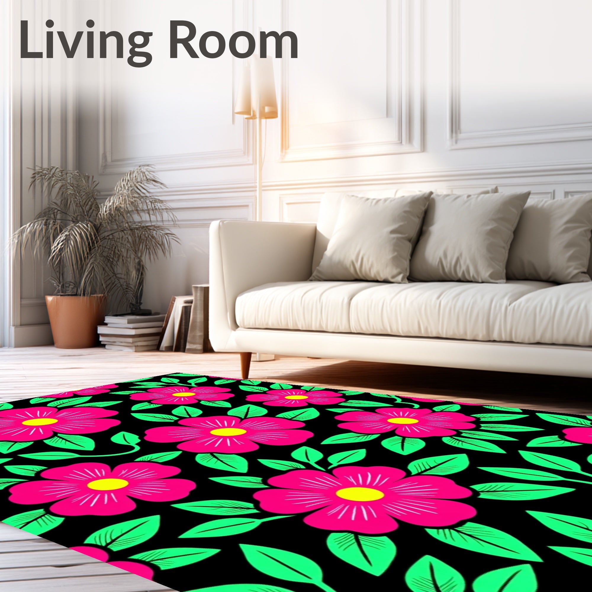Vibrant Pink Floral Black Garden Rug