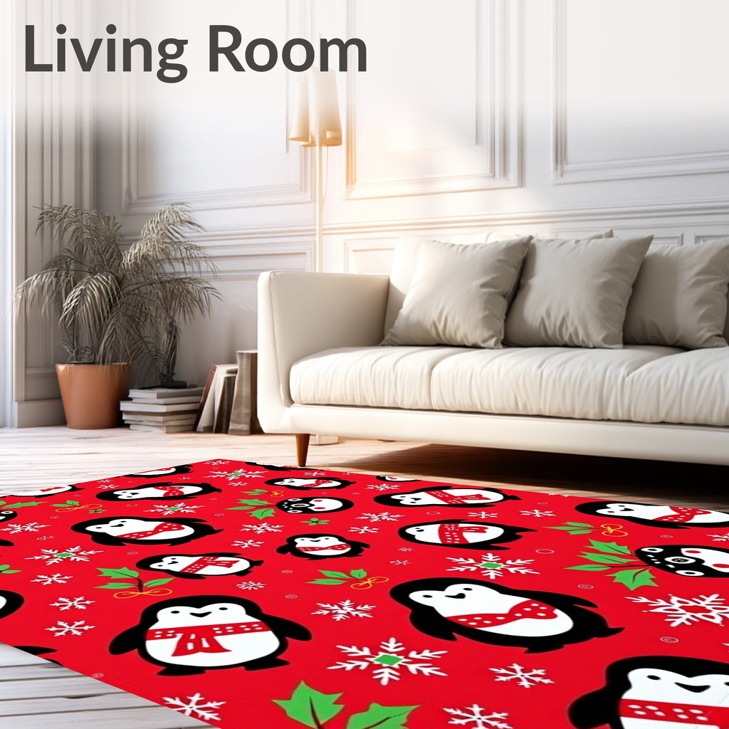 Festive Red Penguin Snowflake Medley Rug