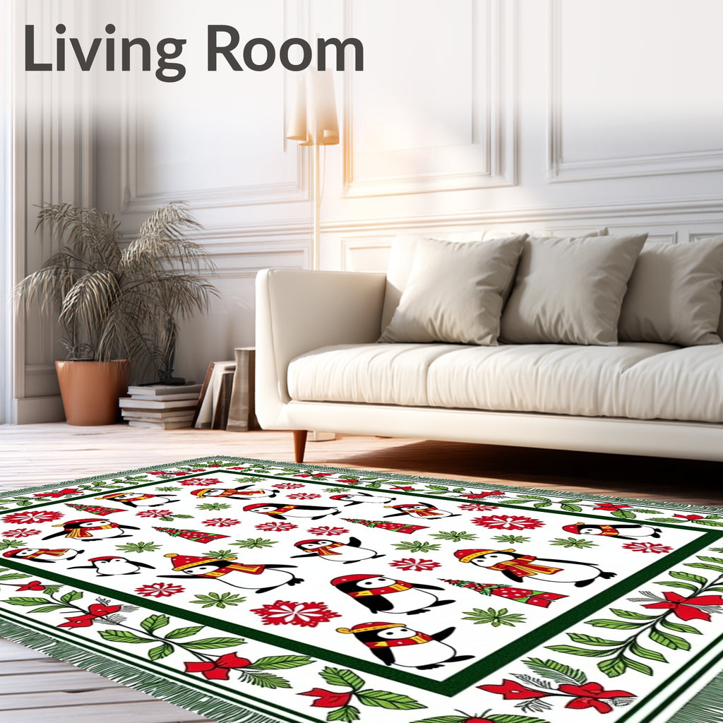 Festive Penguin Garland Christmas Rug
