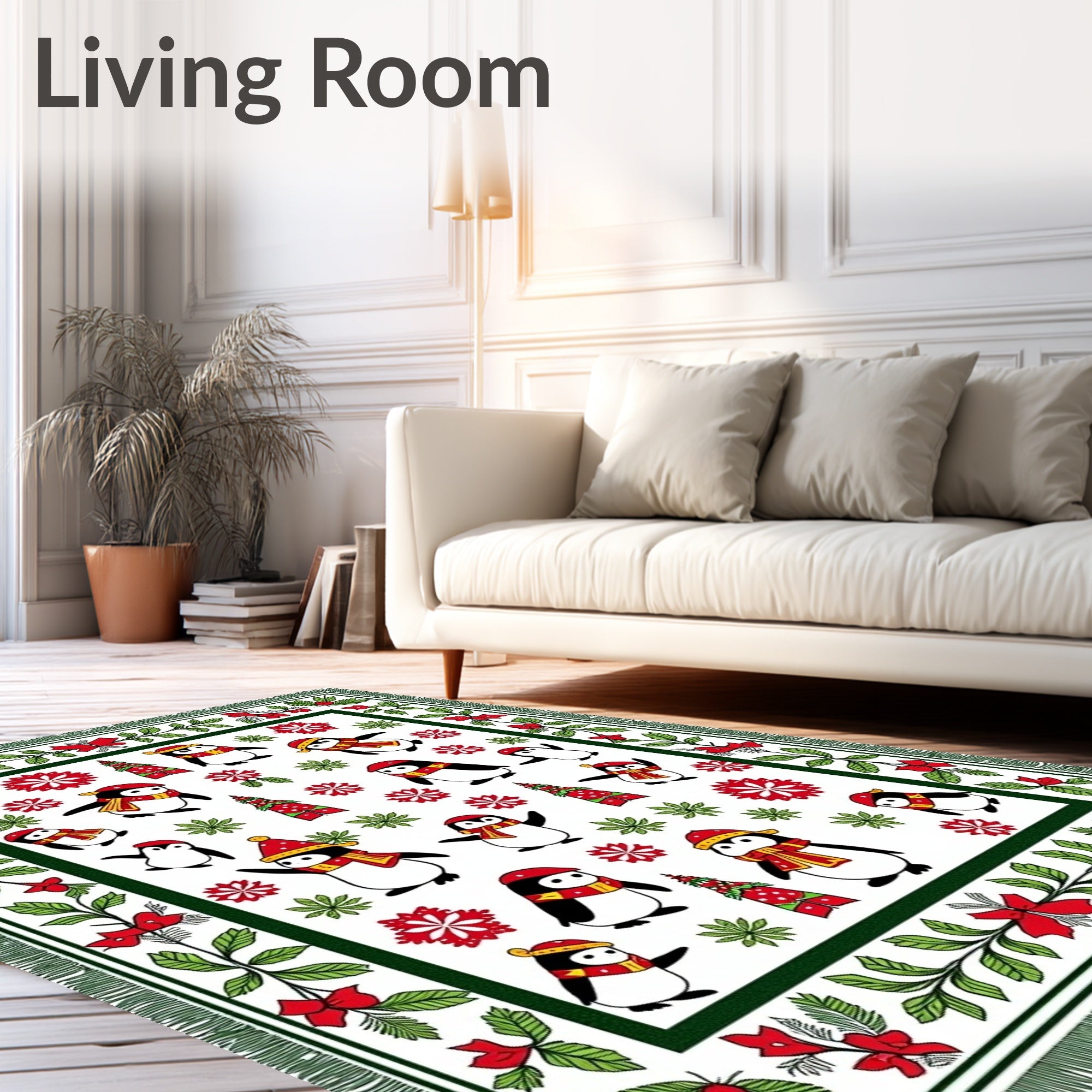Festive Penguin Garland Christmas Rug