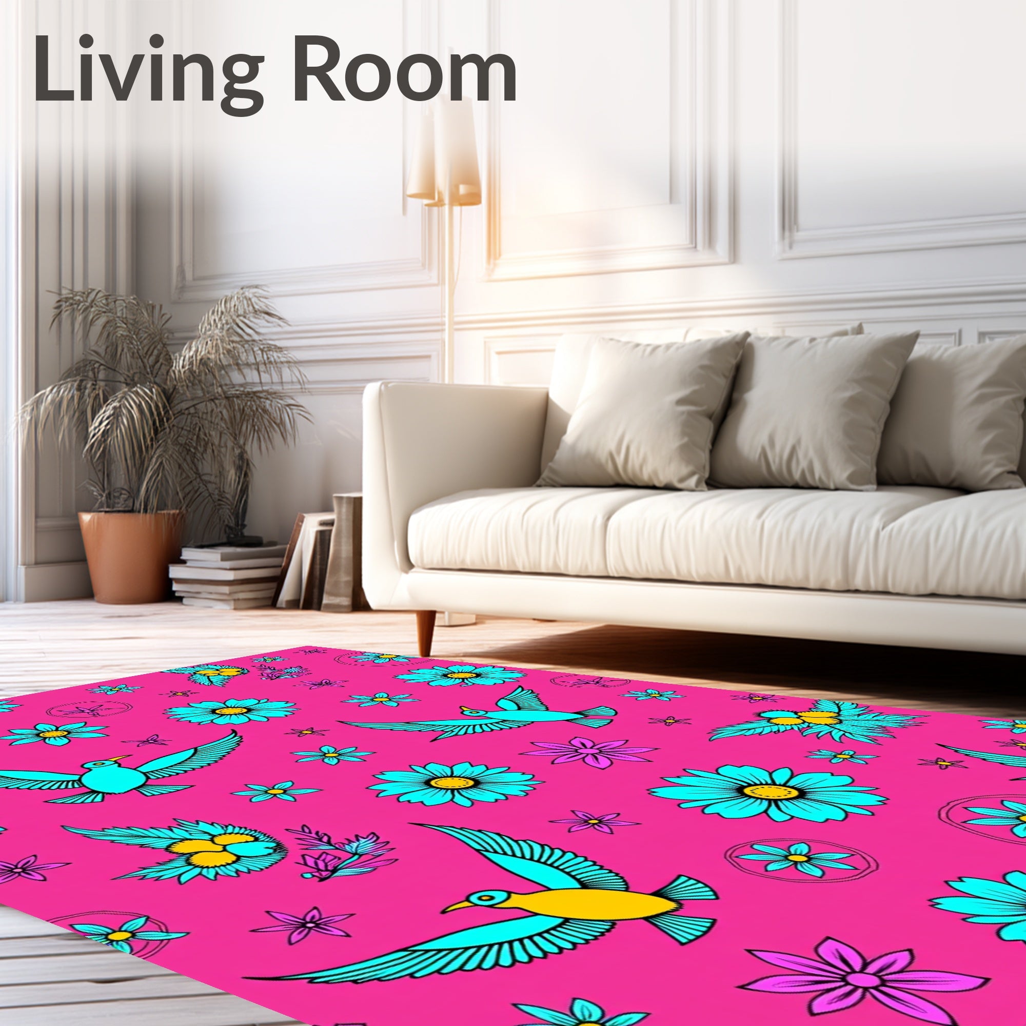 Bright Pink Teal Bird Floral Meadow Rug