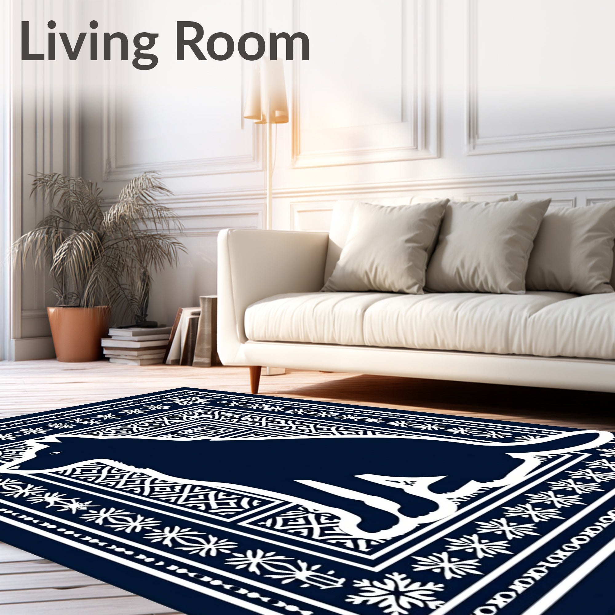 Dark Blue Silhouette Dog Medallion Border Rug