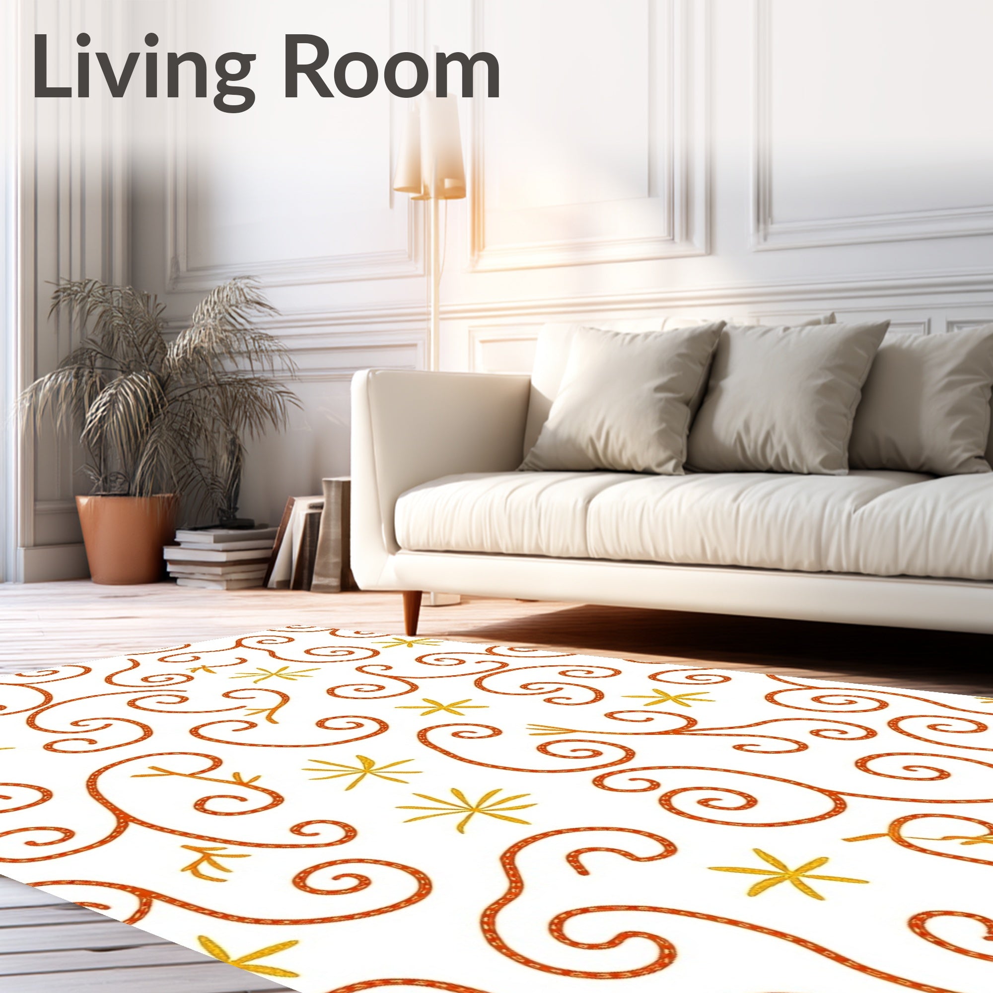 Charming Orange Swirl Yellow Star Flourish Rug