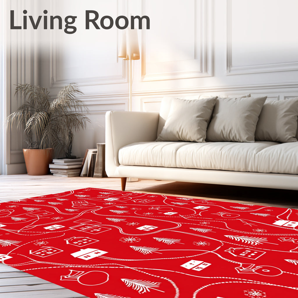 Red Winter Village Houses Trees Rug