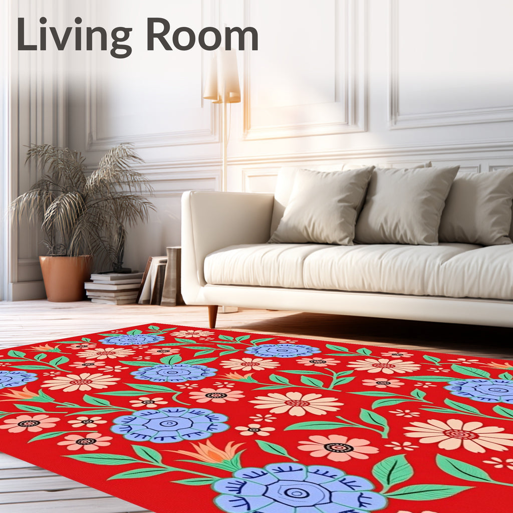 Vibrant Red Floral Whimsical Garden Rug
