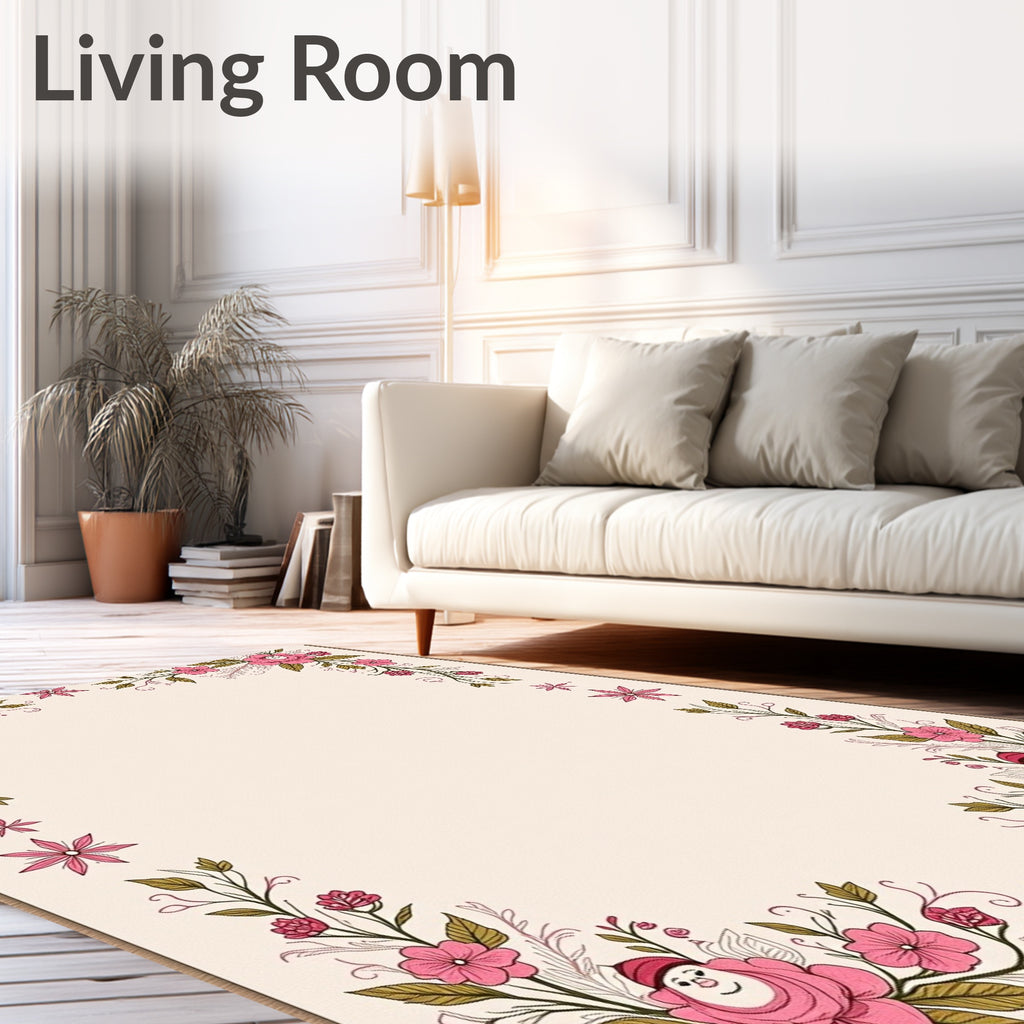 Charming Pink Floral Garland Frame Rug