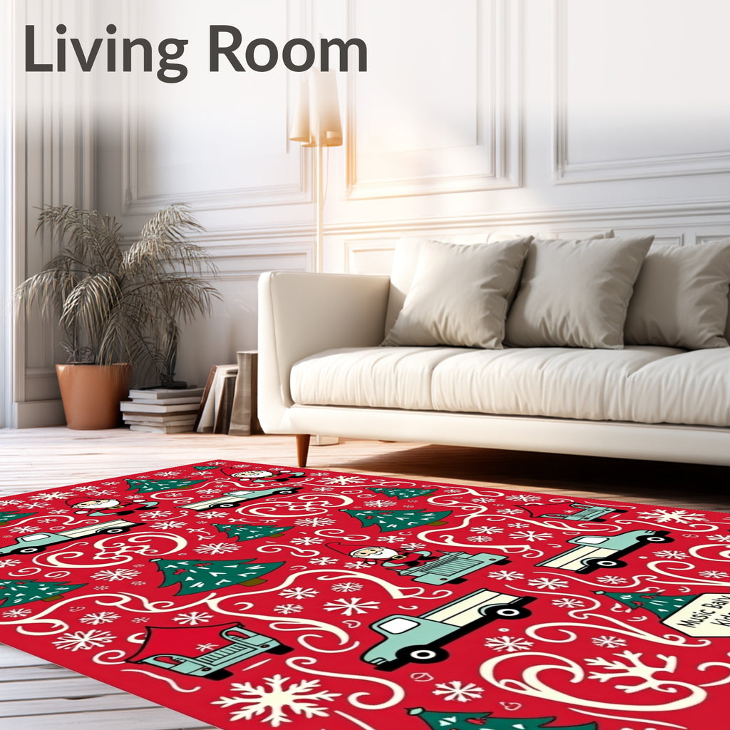 Red Christmas Gnomes Trucks Snowflakes Rug