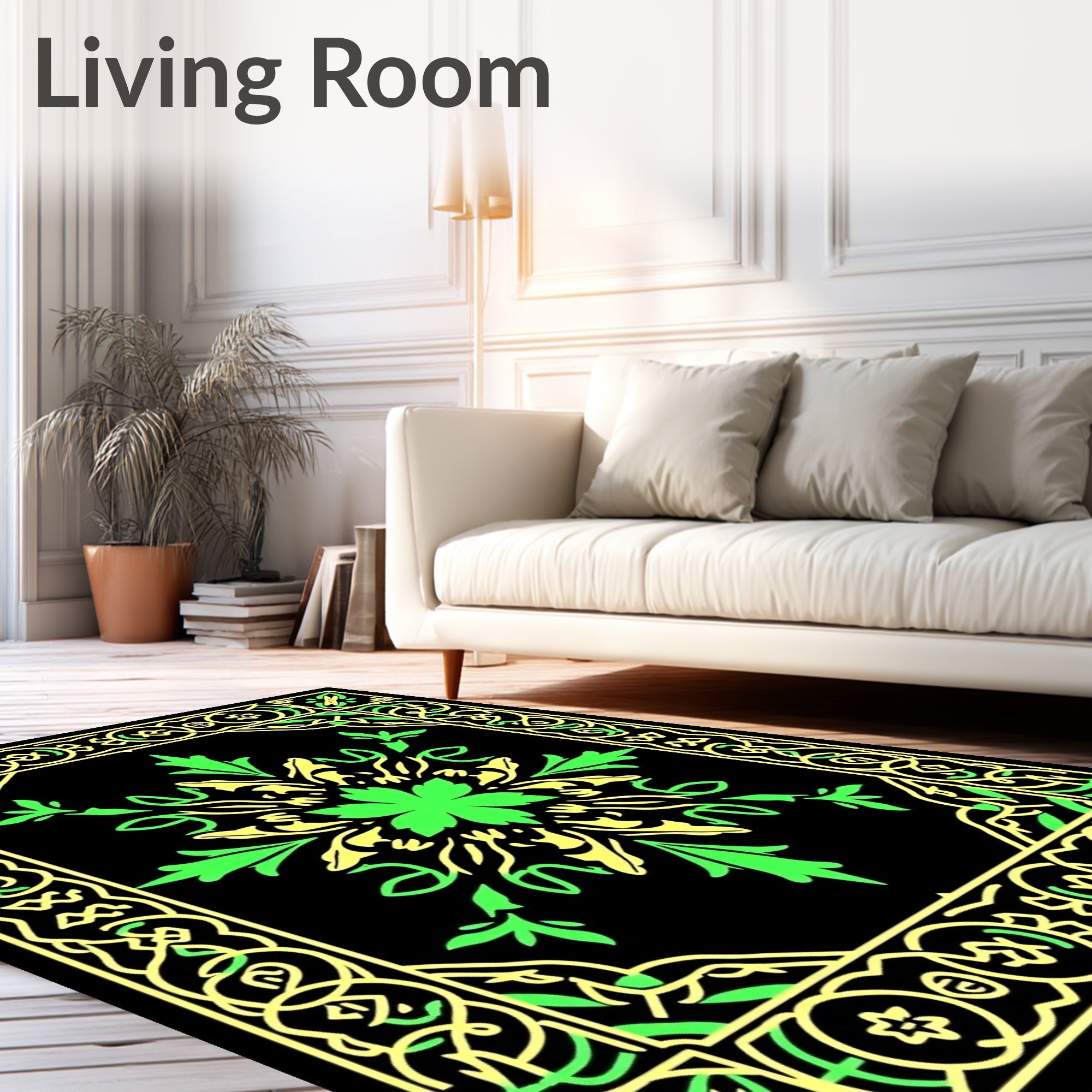Green Yellow Floral Bordered Area Rug
