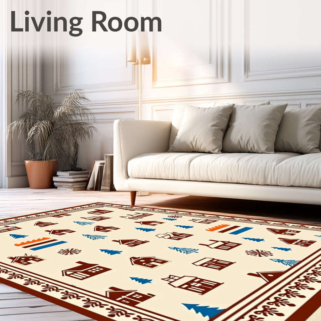 Cozy Houses Blue Trees Cream Background Rug