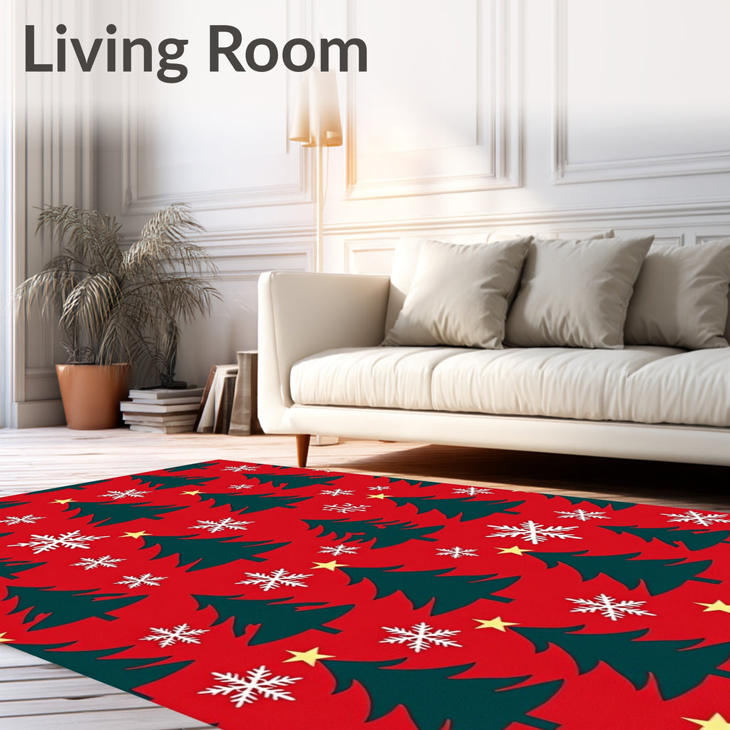 Festive Red Christmas Tree Snowflake Rug