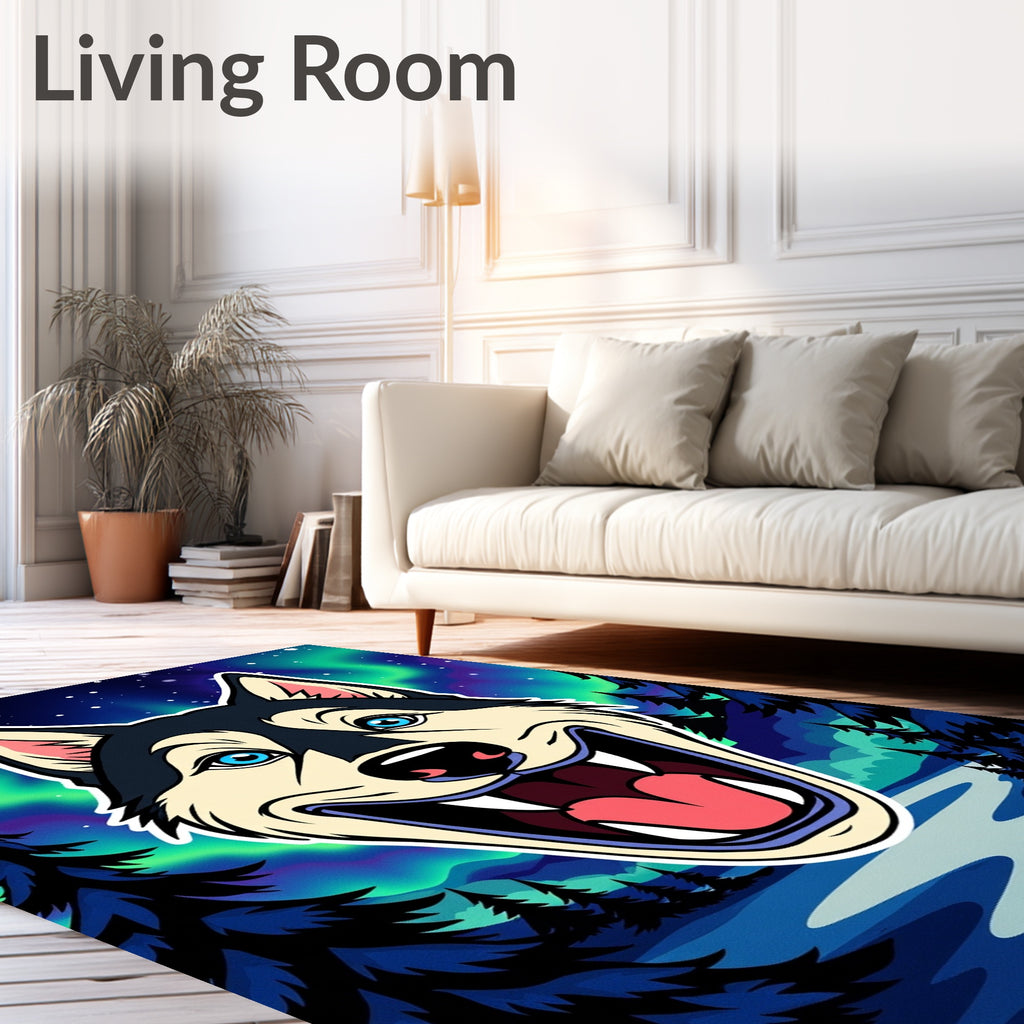 Joyful Husky Under Aurora Sky Rug