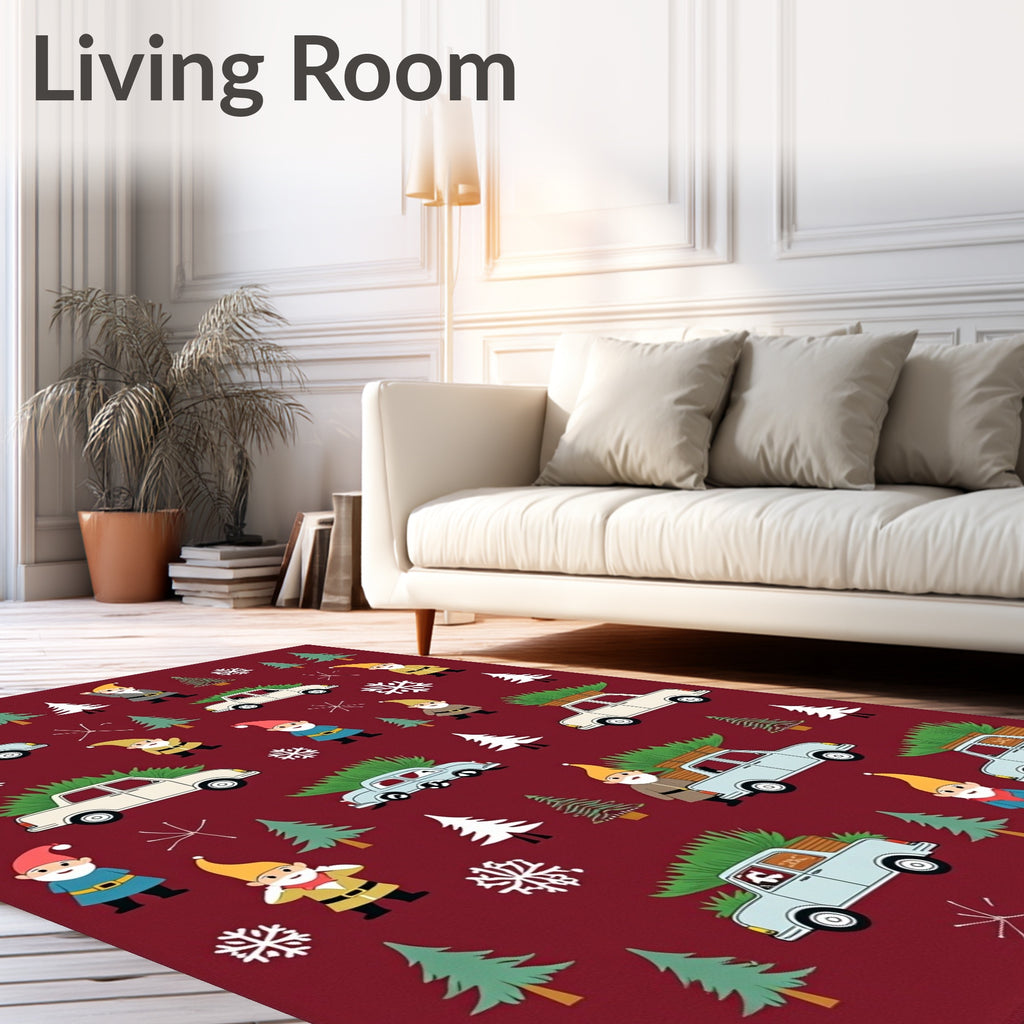 Festive Red Gnomes Tree Car Snowflakes Rug