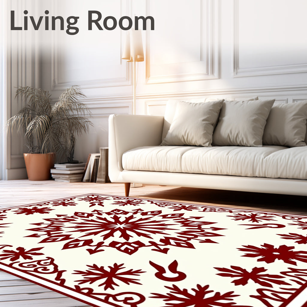Deep Red Snowflake Medallion Frame Rug