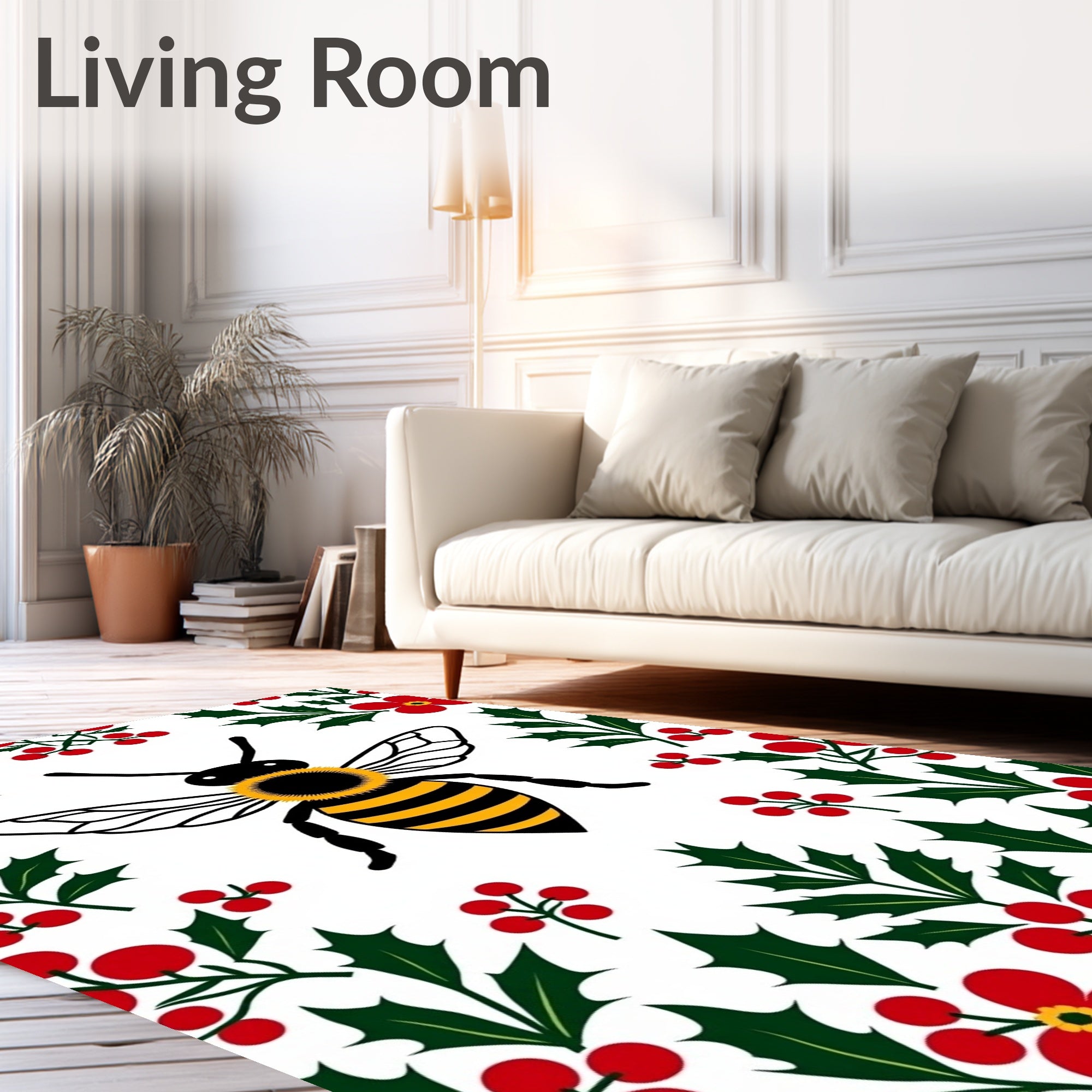 Whimsical Bee Holly Berry Floral Rug