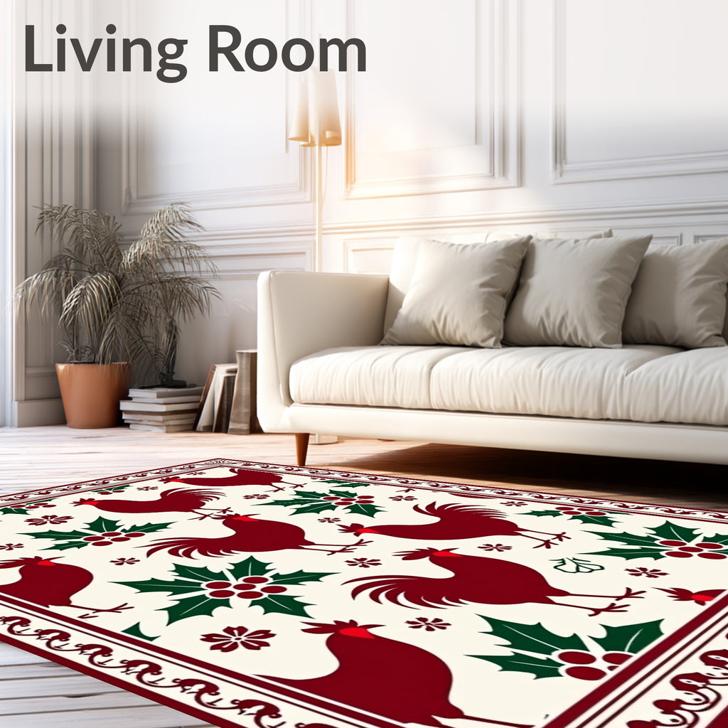 Dark Red Roosters Holly Border Rug