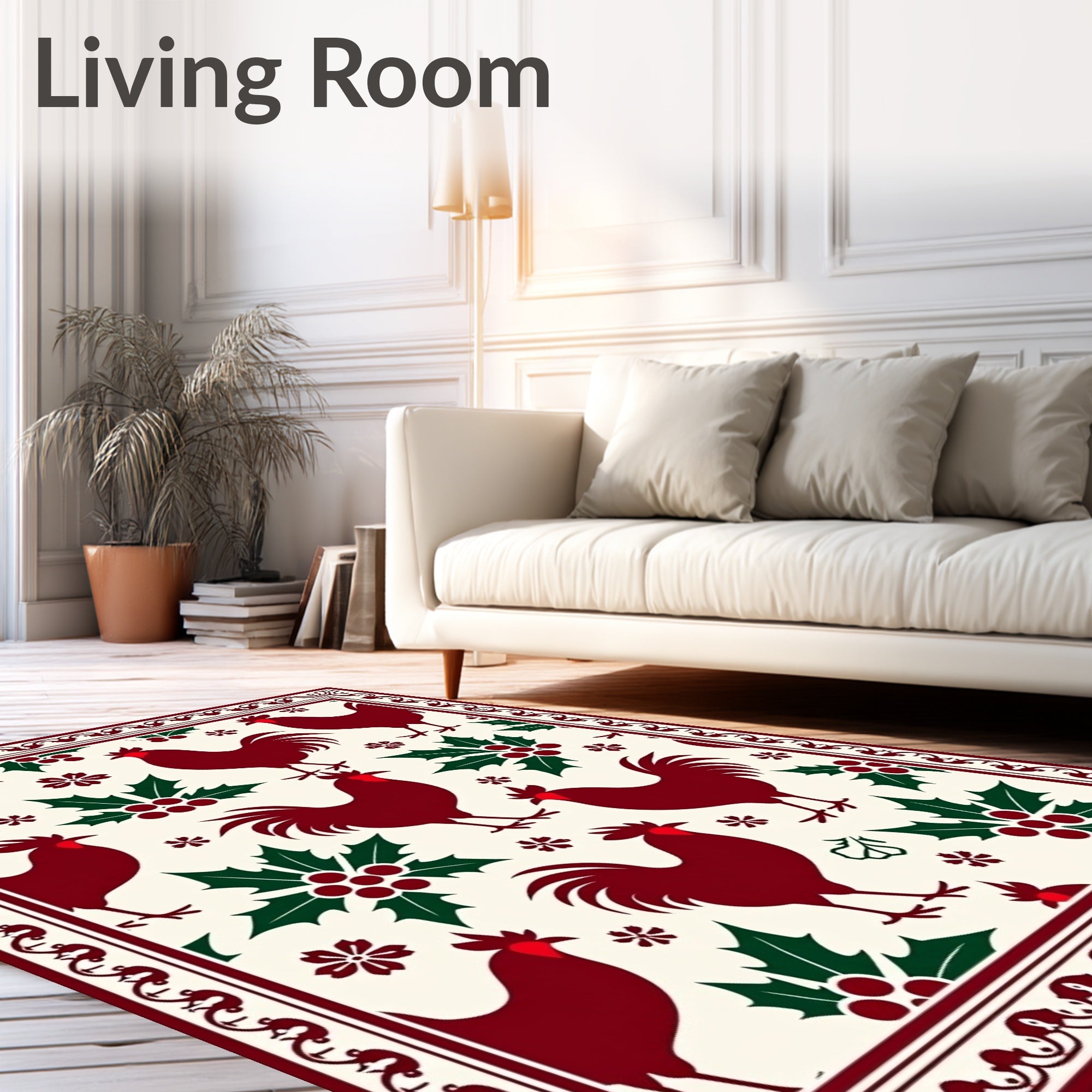 Dark Red Roosters Holly Border Rug