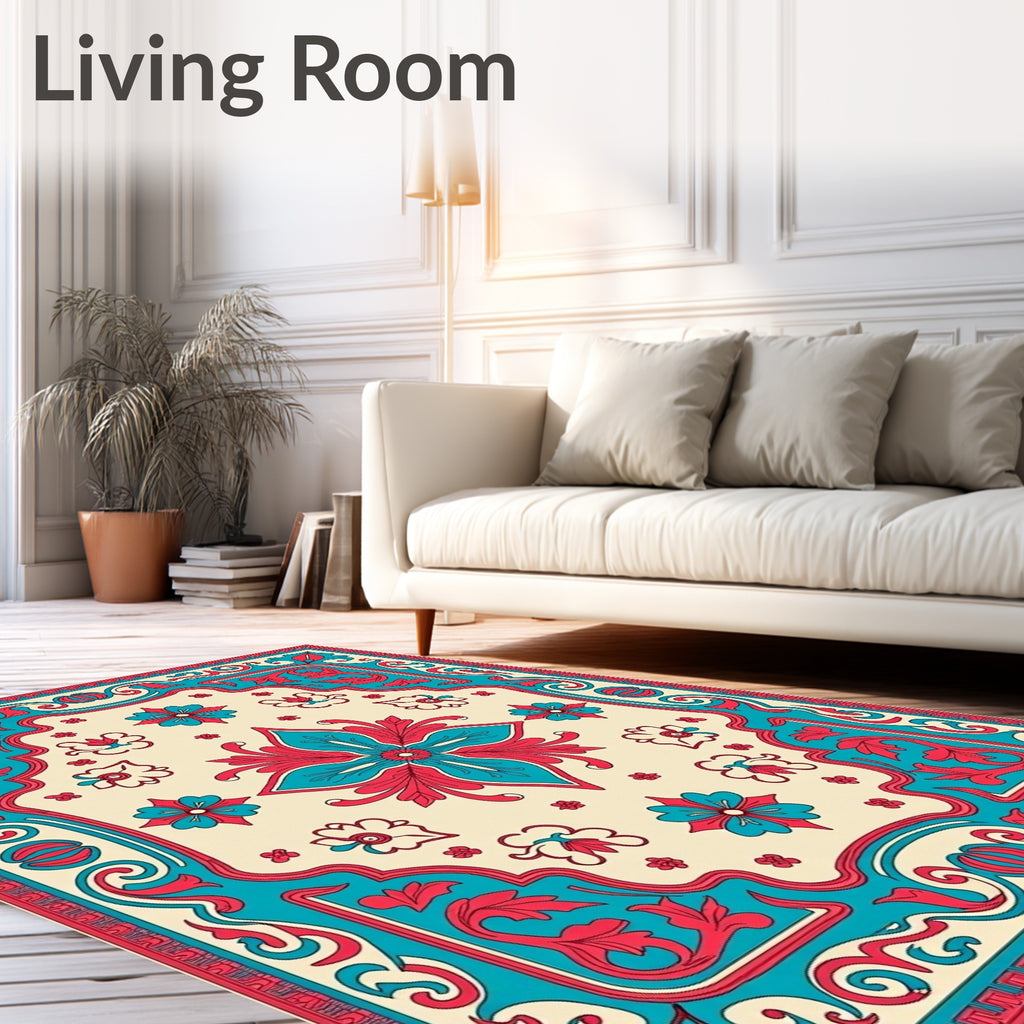 Teal Red Floral Medallion Ivory Rug