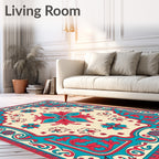 Teal Red Floral Medallion Ivory Rug