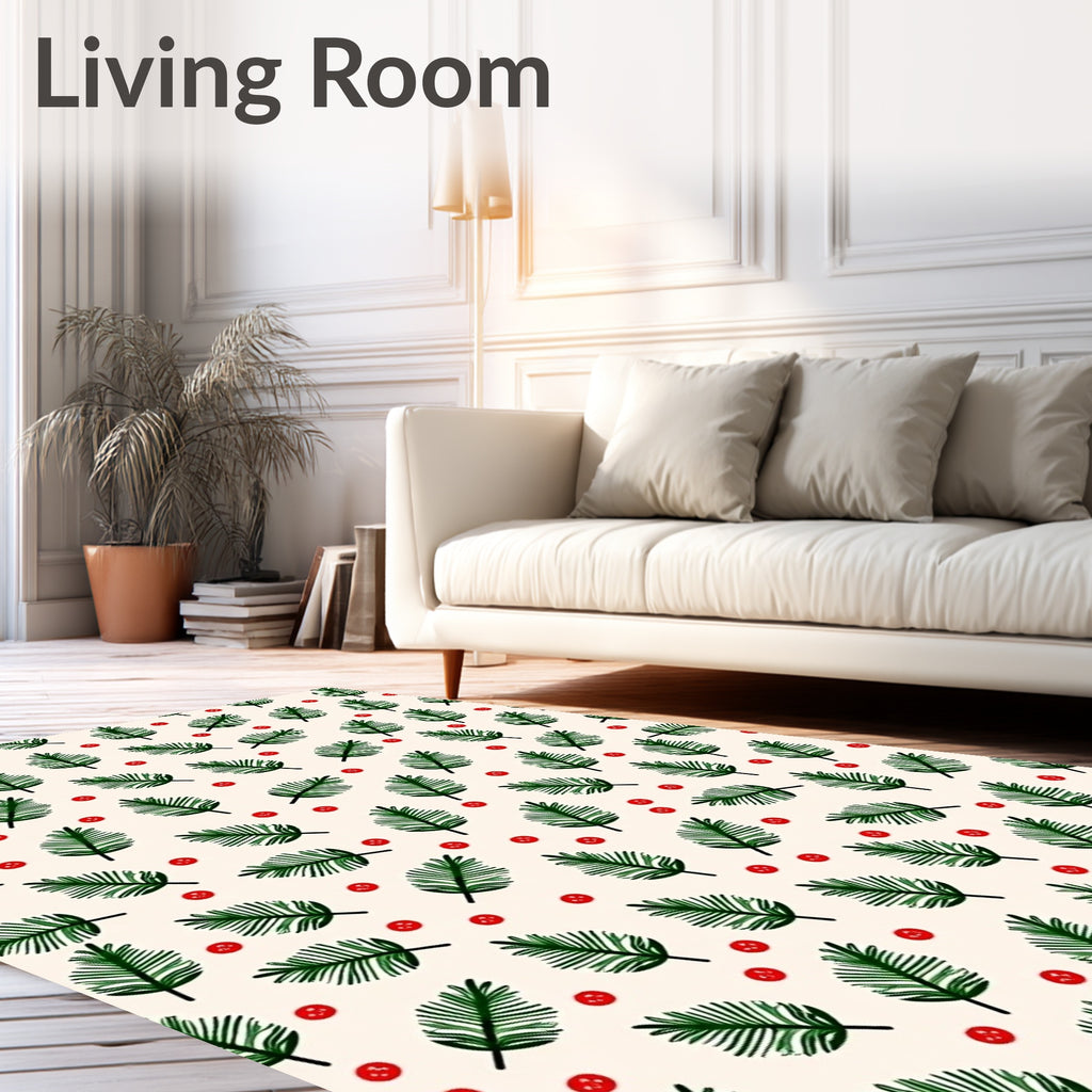 Green Pine Sprig Red Berry Background Rug