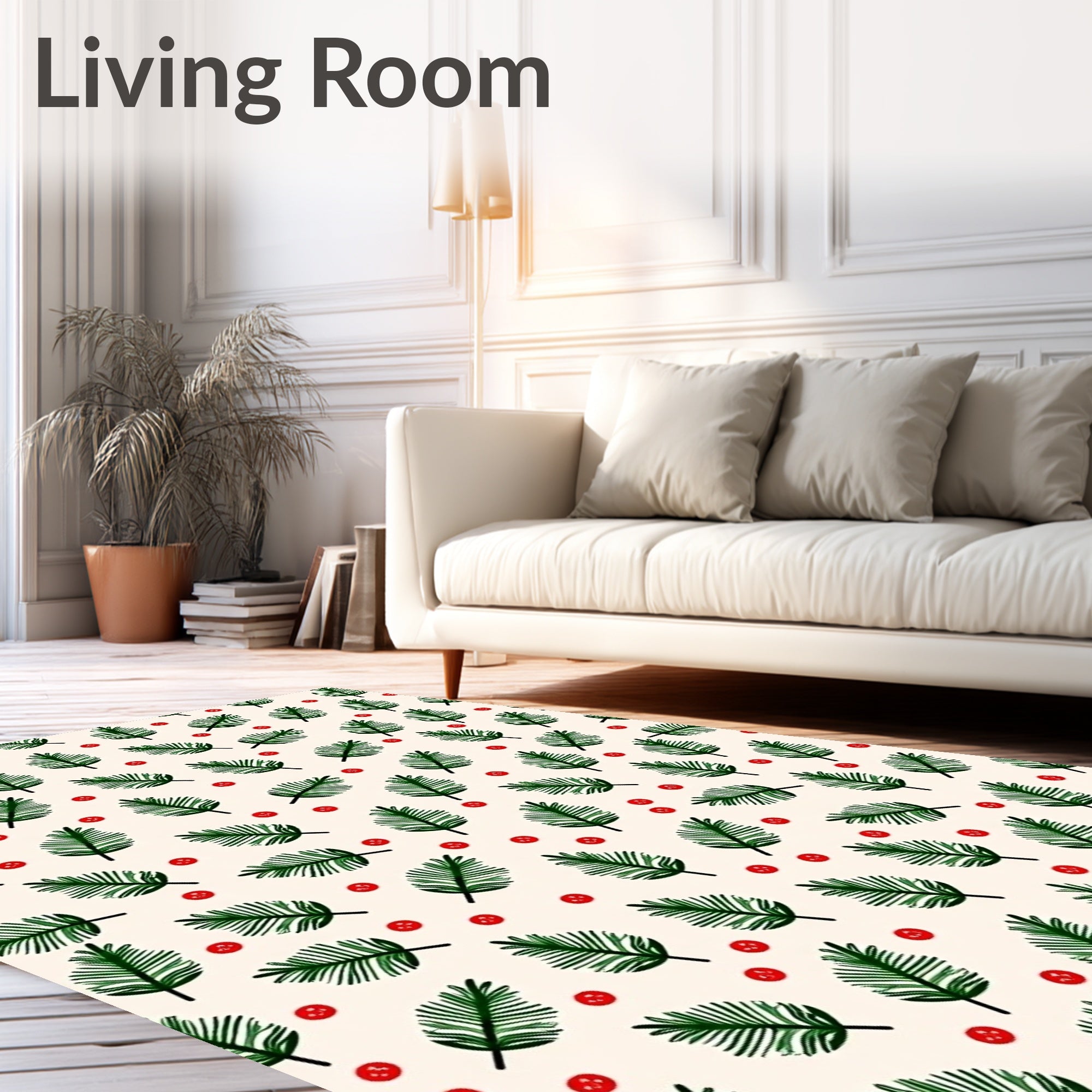 Green Pine Sprig Red Berry Background Rug
