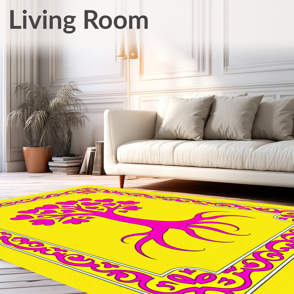 Vibrant Pink Heart Tree Yellow Border Rug