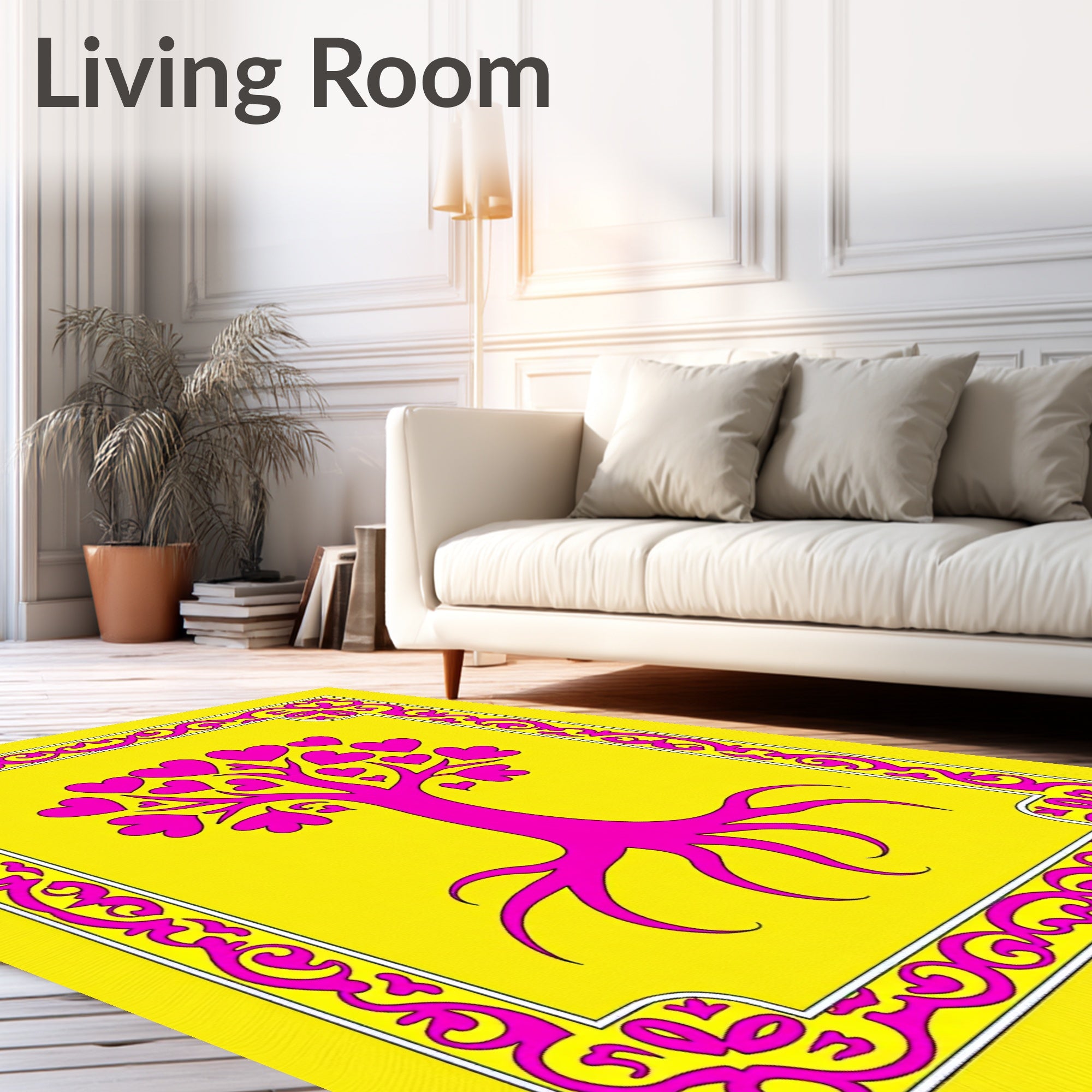 Vibrant Pink Heart Tree Yellow Border Rug