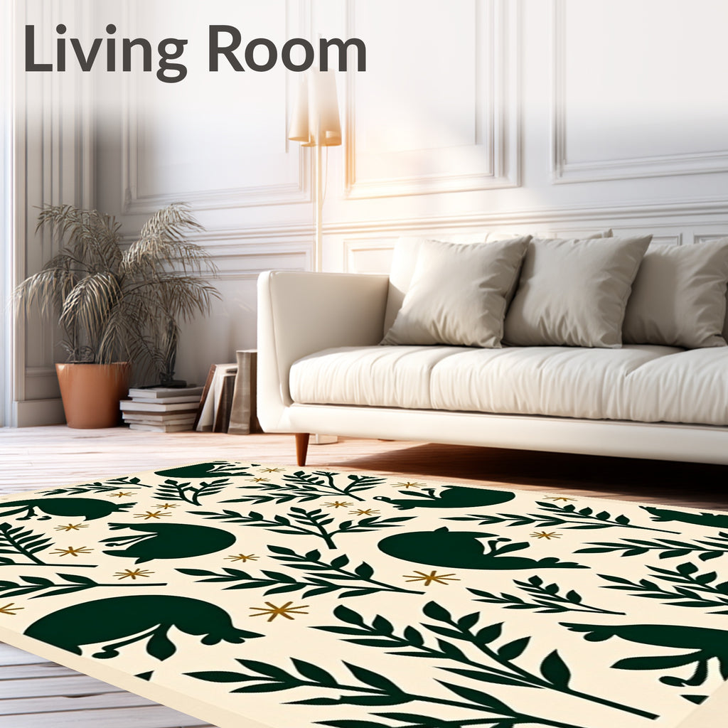 Dark Green Woodland Creatures Botanical Arrangement Rug