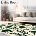 Dark Green Woodland Creatures Botanical Arrangement Rug