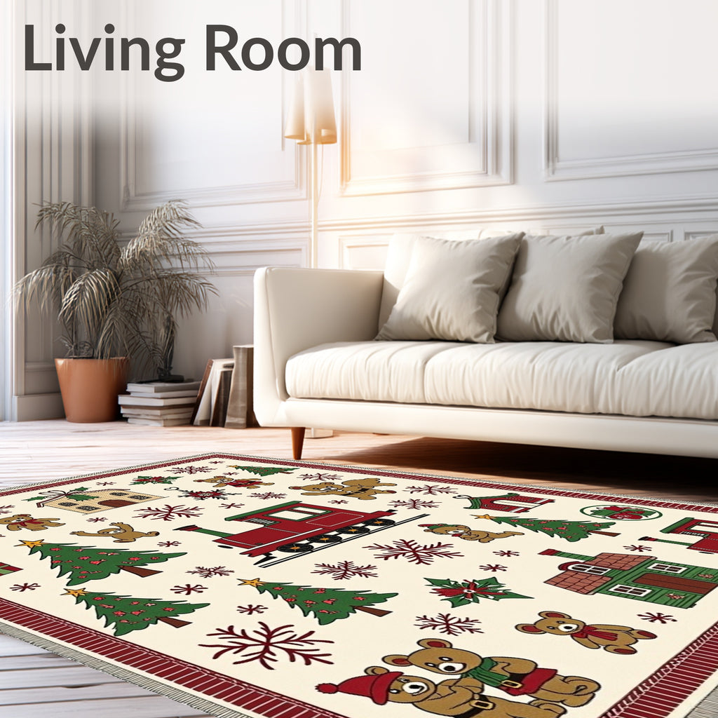 Christmas Bears and Trains Cream Rug