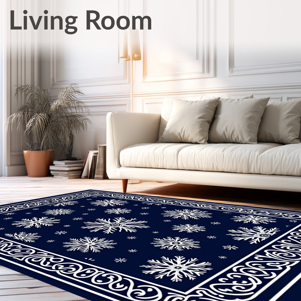 Deep Blue Snowflake Scrollwork Border Rug
