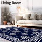 Deep Blue Snowflake Scrollwork Border Rug